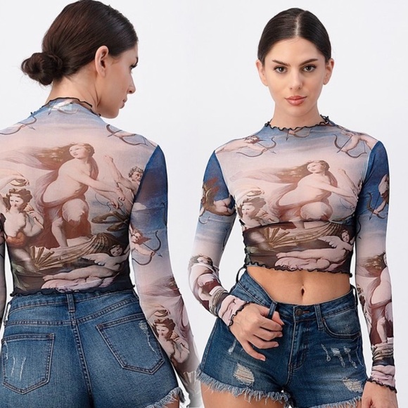 Mesh crop cherub print long sleeve top - Picture 1 of 7